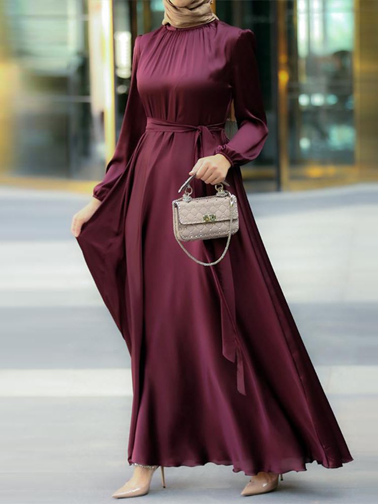 ZANZEA Satin Sash Maxi Long Puff Sleeve Plus Size Dress - My She Shop