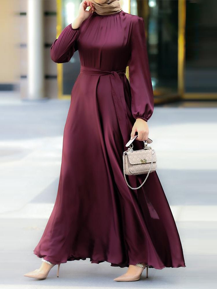 ZANZEA Satin Sash Maxi Long Puff Sleeve Plus Size Dress - My She Shop