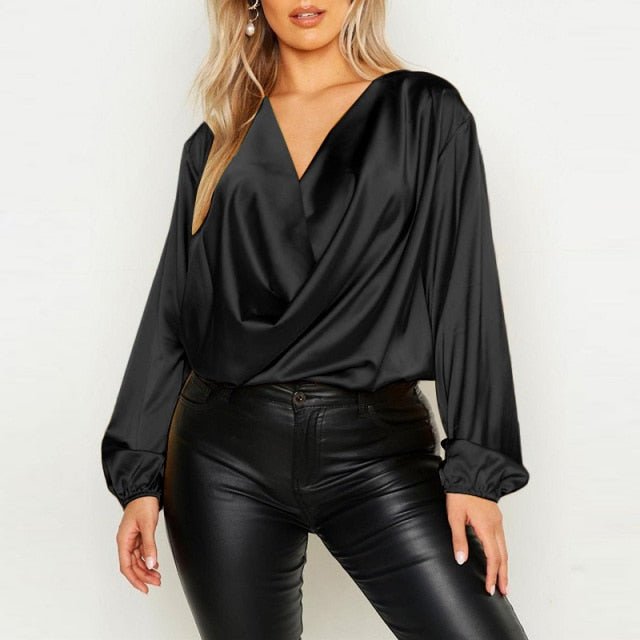 ZANZEA Satin Scoop Neck Long Sleeve Plus Size Top - My She Shop