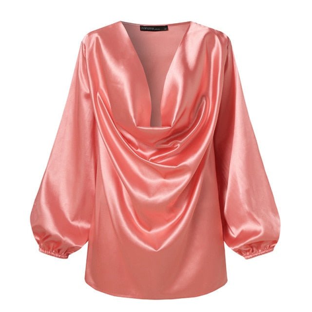 ZANZEA Satin Scoop Neck Long Sleeve Plus Size Top - My She Shop