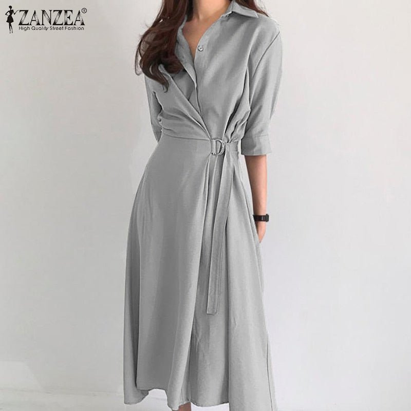 ZANZEA Waste Wrap Shirt Poly-Spandex Blend Plus Size Dress - My She Shop